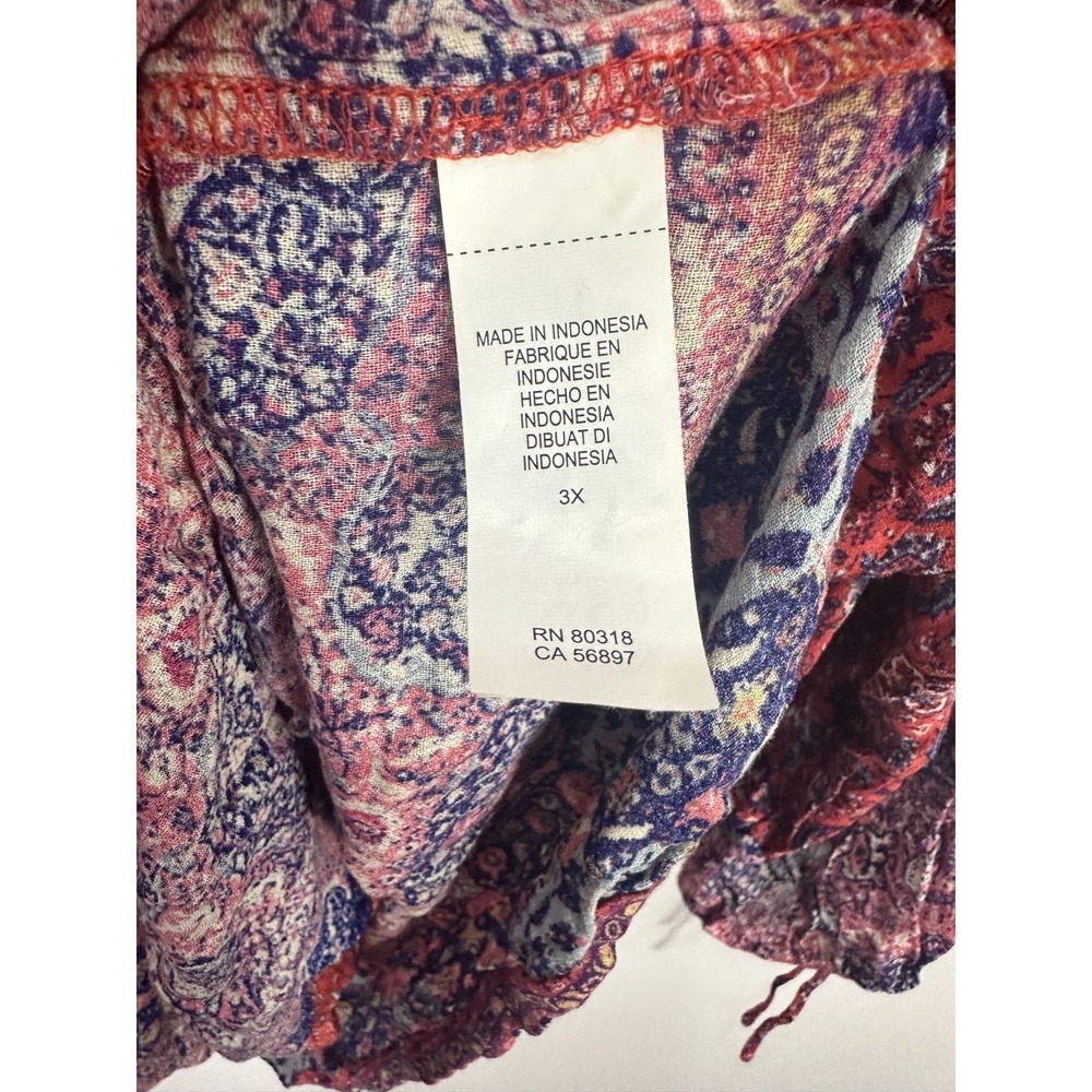 Lucky Brand Womens 3X Tapestry Henley Top Red Blue Geometric Peasant Boho Blouse - Picture 3 of 8